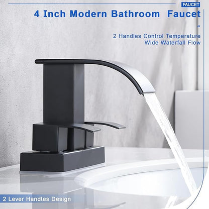 Black Waterfall Bathroom Sink Faucet with Pop up Sink Drain Stopper Overflow for Faucet Vessel, 4 Inch 2 Handles 2 or 3 Holes Centerset Faucet for Lavatory Bathroom Sink with Supply Lines