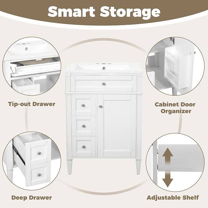 Merax 24 Inch Bathroom Vanity with Ceramic Sink, Solid Wood Frame Modern Bathroom Sink Storage Cabinet with 2 Drawers and a Tip-Out Drawer, Single Sink Bathroom Vanities, White