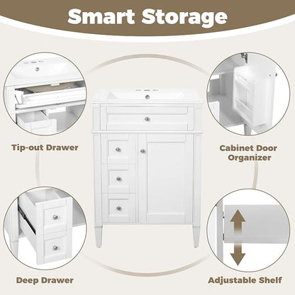Merax 24 Inch Bathroom Vanity with Ceramic Sink, Solid Wood Frame Modern Bathroom Sink Storage Cabinet with 2 Drawers and a Tip-Out Drawer, Single Sink Bathroom Vanities, White