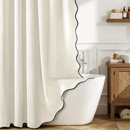 MIULEE White Scalloped Linen Shower Curtain 72W x 72L | 12 metal hooks, Linen scalloped, waterproof washable, thick heavy cloth, black border, boho farmhouse, bathroom hotel use