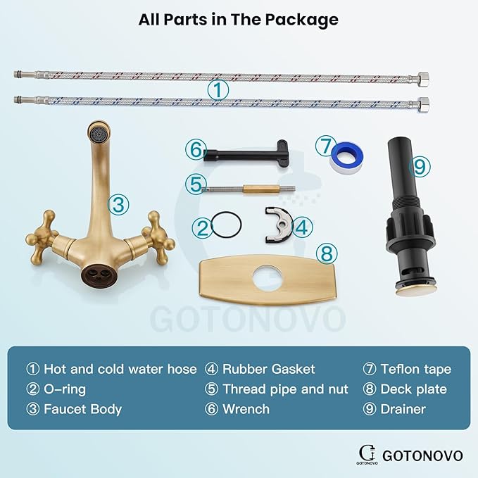 gotonovo Bathroom Sink Faucet Single Hole Double Cross Handle Knobs Lavatory Vessel Sink Mixer Tap Bathroom Faucet with Pop up Drain and Deck Cover Plate Antique Brass