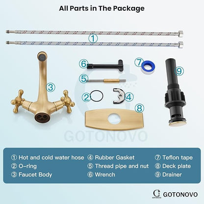 gotonovo Bathroom Sink Faucet Single Hole Double Cross Handle Knobs Lavatory Vessel Sink Mixer Tap Bathroom Faucet with Pop up Drain and Deck Cover Plate Antique Brass