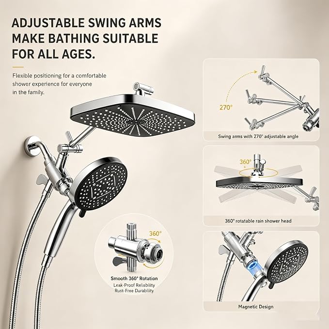 High Pressure Shower Head with Handheld, Upgrade Rain Shower Heads with Fixed Showerhead Combo, 10 Sprays Handheld Shower Head Built in Power Jets, 71" Long Hose, Chrome Silver