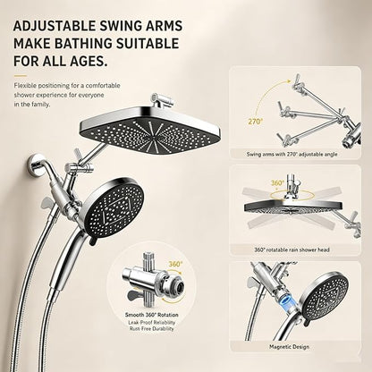High Pressure Shower Head with Handheld, Upgrade Rain Shower Heads with Fixed Showerhead Combo, 10 Sprays Handheld Shower Head Built in Power Jets, 71" Long Hose, Chrome Silver