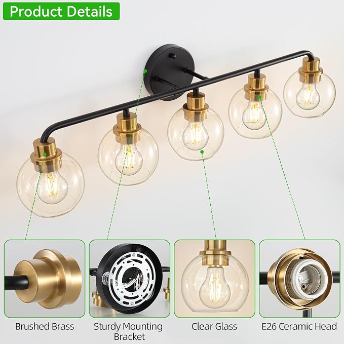 5 Light Bathroom Vanity Light, Black and Gold Bathroom Light Fixtures | with Clear Glass Shade Modern Wall Sconces Lighting Bath Wall Lights Lamp for Mirror Kitchen Living Room Bedroom Hallway