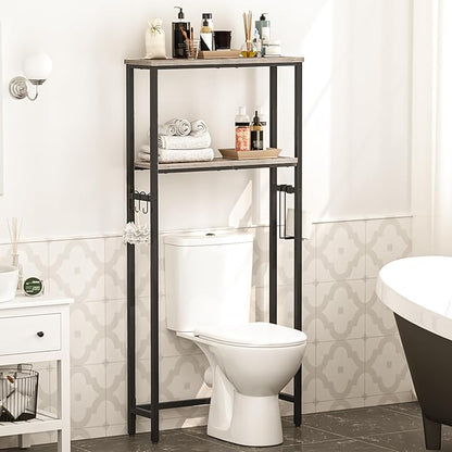HOOBRO Over-The-Toilet Storage, 2-Tier Bathroom Organizer Over Toilet, Bathroom Shelves with Toilet Paper Holder and Hooks, Freestanding Storage Shelf, Space Saver, Greige and Black BG49TS01