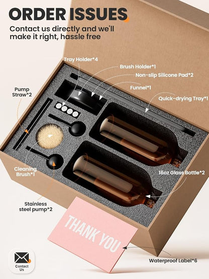 [Luxury] Kitchen Soap Dispenser Set - 16OZ Amber Glass Bottle, Stainless Steel Pump, Instant Dry Tray, Waterproof Labels, Non-Slip Silicone Pad, and Dish Brush | Upgrade for Your Kitchen and Bathroom