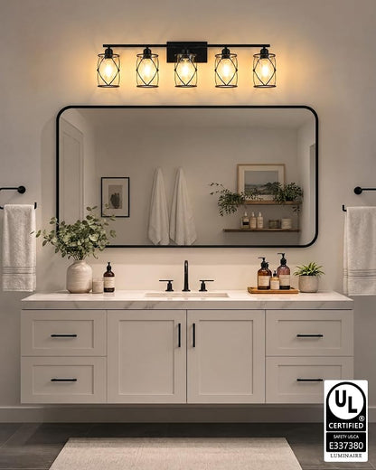 5-Light Matte Black Bathroom Light Fixtures Over Mirror, 38" UL-Listed Modern Wall Sconce Lights with Clear Glass and Metal Cage for Bath, Hardwire E26, CH9176BK-5W