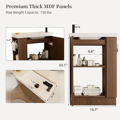 20" Small Bathroom Vanity with Sink Narrow Depth Bathroom Vanities,Wood Vanity Cabinet,Soft Closing Door,Adjustable Shelves,Modern Wall Decor,Walnut