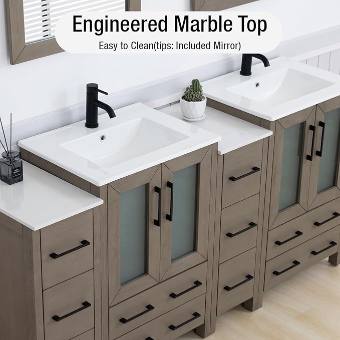 HOMEBEYOND 72 Inch Modern Bathroom Vanity with Sink & Mirror, Double Sink Vanity Cabinet with Basin and Mirror, Dove-Tailed Drawers, Soft-Closing Doors, Wood, Driftwood Gray