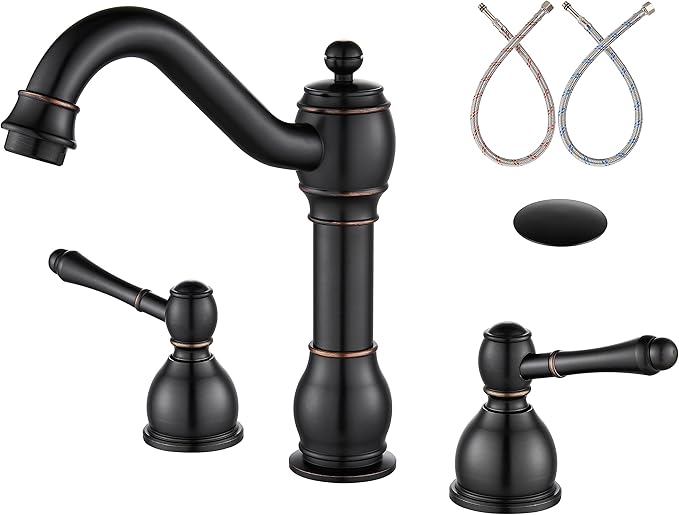Aolemi 8 Inch Widespread Bathroom Sink Faucet 3 Hole Deck Mount Vanity Basin Mixer Tap with Pop Up Drain Assembly Oil Rubbed Bronze Double Lever Handle