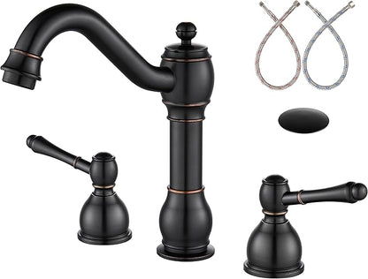 Aolemi 8 Inch Widespread Bathroom Sink Faucet 3 Hole Deck Mount Vanity Basin Mixer Tap with Pop Up Drain Assembly Oil Rubbed Bronze Double Lever Handle