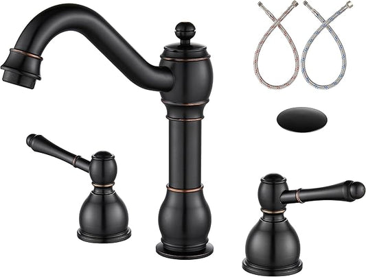 Aolemi 8 Inch Widespread Bathroom Sink Faucet 3 Hole Deck Mount Vanity Basin Mixer Tap with Pop Up Drain Assembly Oil Rubbed Bronze Double Lever Handle