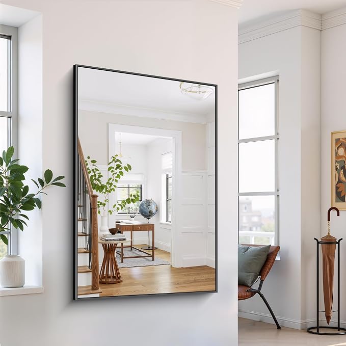 YIROMAN Bathroom Mirror 55"x36", Large Matte Black Bathroom Mirror for Over Sink with Aluminum Frame, Rectangular Vanity Mirror with Right Angle, Wall Mirror Hangs Horizontal or Vertical, Shatterproof