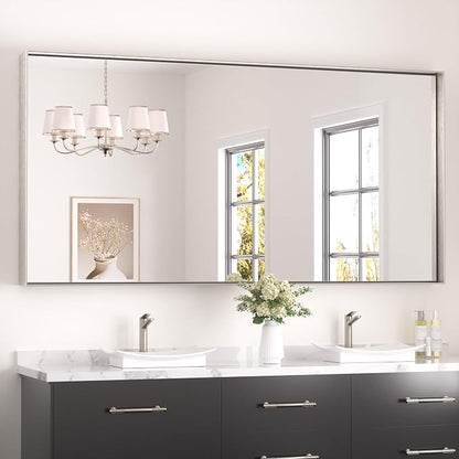 Keonjinn 72x36 Inch Nickel Bathroom Mirror for Over Sink, Rectangular | HD Tempered Glass, Vanity Mirror, Brushed Framed, Square Corner, Modern Farmhouse, Wall Mounted Mirrors, Aluminum Alloy