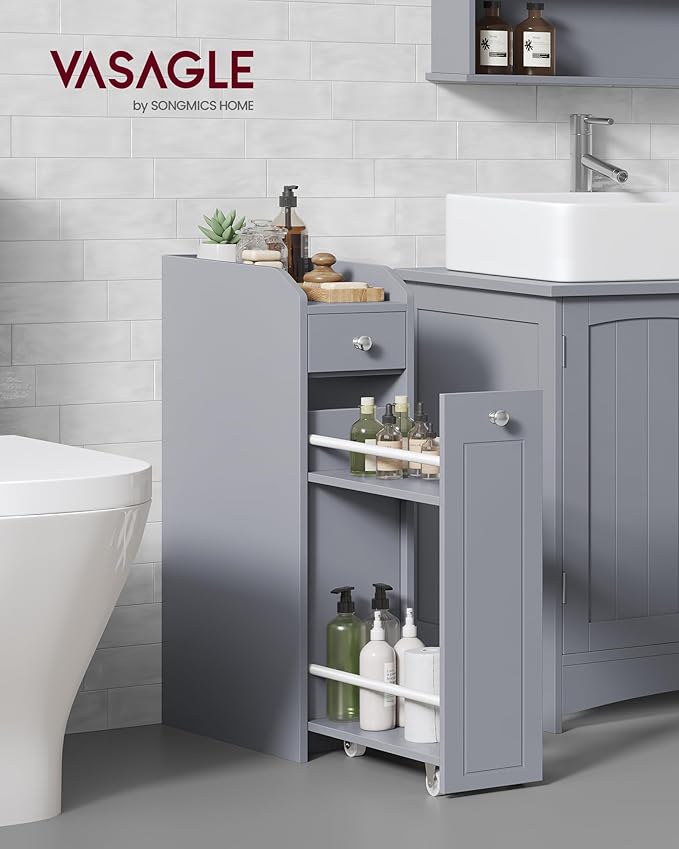 VASAGLE Slim Storage Cabinet, Narrow Storage Organizer with Slide Out Drawers, Freestanding Toilet Paper Holder, Small Space Skinny Cabinet for Bathroom Kitchen Corner, Dove Gray UBBC847G02