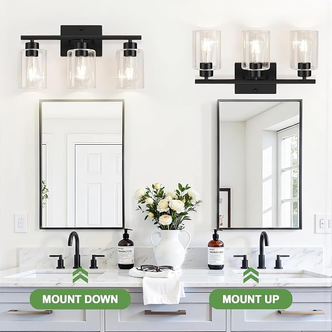 3-Light Bathroom Light Fixtures, Modern Black Vanity Light with Clear Glass Shades for Bathroom Vanity Lighting