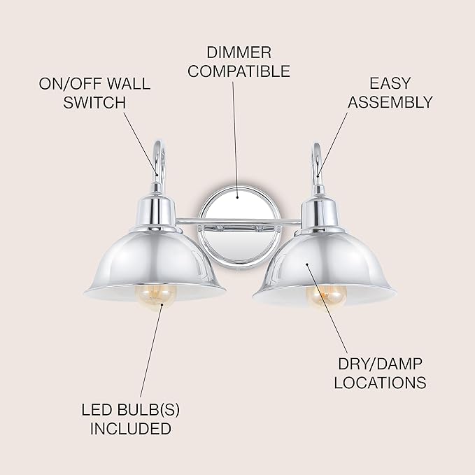 JONATHAN Y 18" Chrome Farmhouse Industrial 1-Light LED Vanity Wall Sconce for Bathroom Mirror Kitchen, Metal Shade, Dimmable Vintage Lighting, LED Bulb Included (JYL7482A)