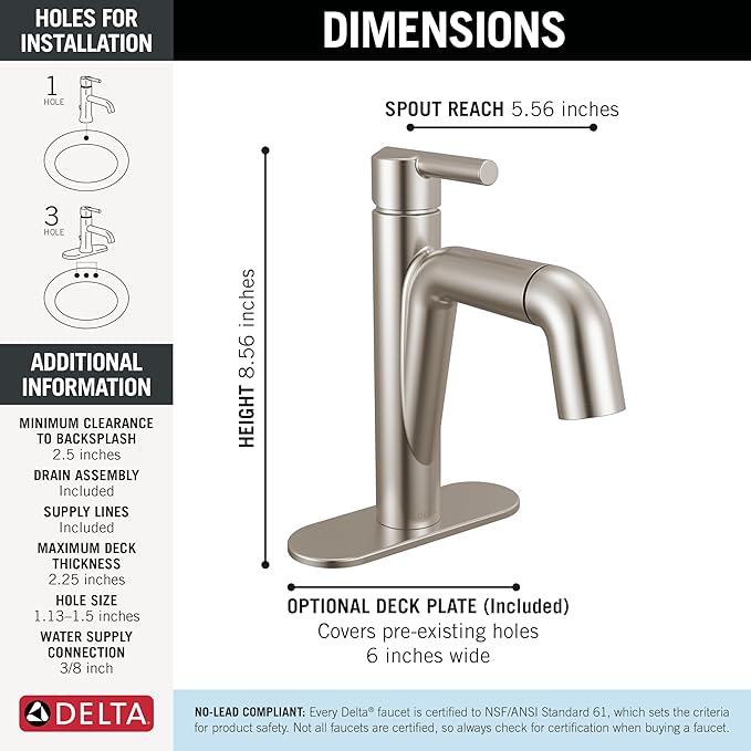 Delta Nicoli 1 Hole Pull Down Bathroom Faucet with Sprayer, Brushed Nickel Single Hole Bathroom Sink Faucet with Pull Out Sprayer for Vanity, Push-Pop Drain, Stainless 15849LF-SSPD