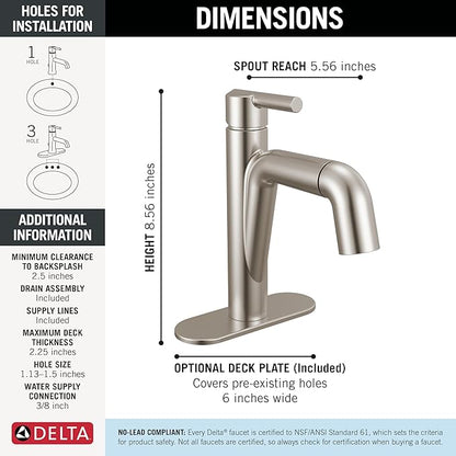 Delta Nicoli 1 Hole Pull Down Bathroom Faucet with Sprayer, Brushed Nickel Single Hole Bathroom Sink Faucet with Pull Out Sprayer for Vanity, Push-Pop Drain, Stainless 15849LF-SSPD