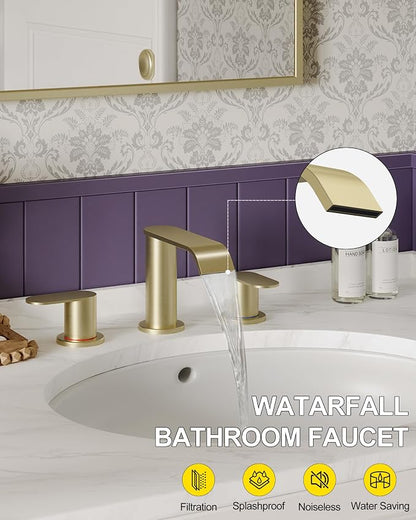 2 Pack Brushed Gold Bathroom Faucet 3 Hole 8 Inch Widespread Waterfall | Bathroom Sink Faucets 2 Handles with Pop-up Drain Supply Lines for Bath Vanity Commercial Lavatory Rv Restroom Homevacious
