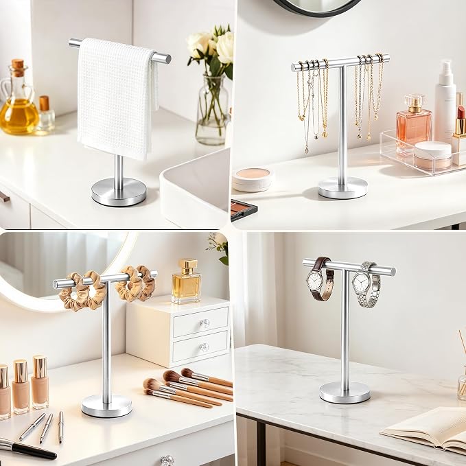 Hand Towel Holder Stand, Freestanding Bathroom Towel Rack, Silver | Weighted Stainless Steel Base Helps Prevent Tipping While The Open T-Shape Keeps Towels Dry on Bathroom Countertops