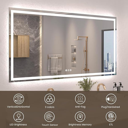 Snowdool 72 x 36 in LED Bathroom Mirror, Front and Backlit, Anti-Fog | Front and Backlit, 3 Color Temperatures, Anti-Fog, Tempered Glass