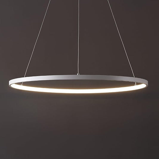 JONATHAN Y 23.75" Matte White Modern Integrated LED Pendant Light, Dimmable Round Hoop Chandelier for Kitchen Island, Dining Room, Adjustable Height Metal Hanging Light (JYL7203I)