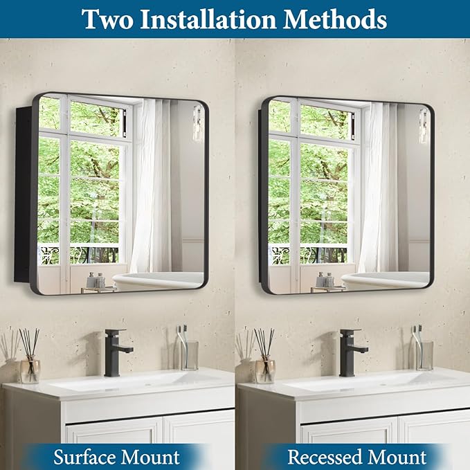 20’’x20’’ Medicine Cabinet,Metal Framed Medicine Cabinet Mirror with Round Corner,Recessed and Surface Mount Bathroom Mirror with Storage, Removeable Shelves,Dark Gray Frame
