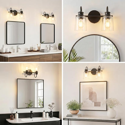 2 Lights Bathroom Light Fixtures Modern Black Vanity Lights | ETL Certificate, Easy to Install,Wall Mount Up or Down,Thickened Glass Lampshade,E26 Socket,Hardwired