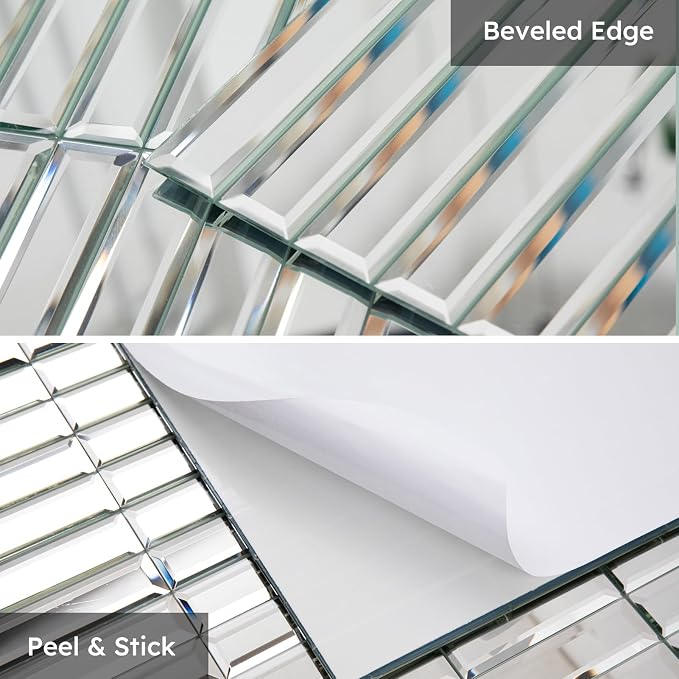Mirror Peel and Stick Tile, 1.8 x 11.8 Inch, Beveled Mirror Strip Backsplash Tiles for Kitchen Bathroom Bar Accent Wall, Pack of 5 Sheets (Silver, 1.18x11.8 Inch)
