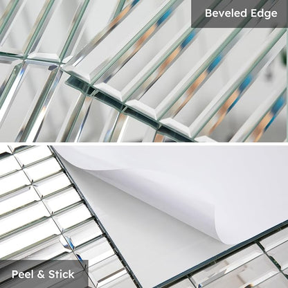 Mirror Peel and Stick Tile, 1.8 x 11.8 Inch, Beveled Mirror Strip Backsplash Tiles for Kitchen Bathroom Bar Accent Wall, Pack of 5 Sheets (Silver, 1.18x11.8 Inch)