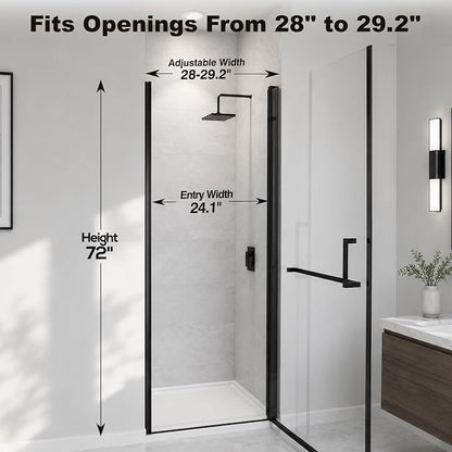28-29.2" W x 72" H Single Frameless Pivot Swing Shower Door | 1/4" Clear SGCC Tempered Glass with a 24.1" walk-in opening, Matte Black Finish, Adjustable Width, Reversible Installation
