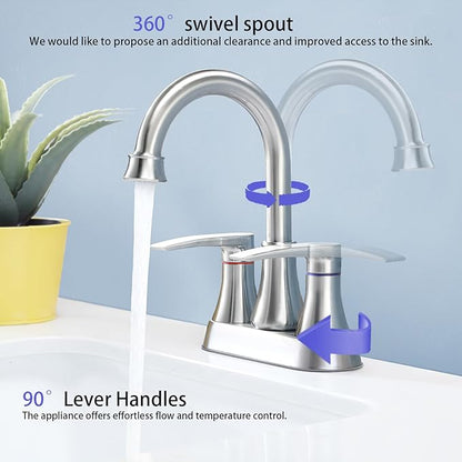 Brushed Nickel Bathroom Faucet, 2-Handle Lead-Free 360° Swivel High-Arc Spout 4 Inch Centerset Bath Lavatory Vanity Sink Faucets Set for Sinks with Drain & Water Hoses, VABM80008L