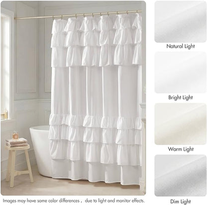 Madison Park Grace Ruffle Shower Curtain for Bathroom, 72"x 72", White | Farmhouse Cottage Top, Machine Washable, Shabby Chic Ruffled Decor Fabric, Privacy Screen, Solid Color