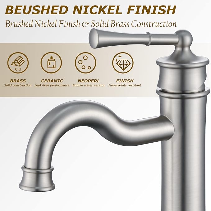 Vessel Sink Faucet Brushed Nickel Bathroom Tall Faucet Single Hole Deck-Mount Pop up Drain Assembly Without Overflow Water Supply Lines Included