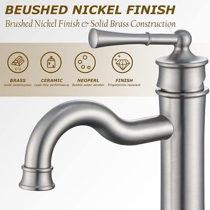 Vessel Sink Faucet Brushed Nickel Bathroom Tall Faucet Single Hole Deck-Mount Pop up Drain Assembly Without Overflow Water Supply Lines Included