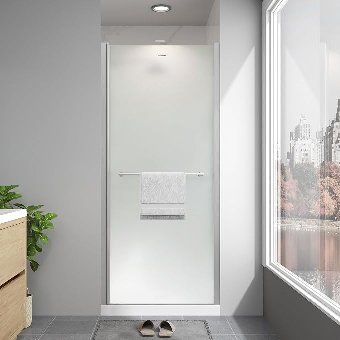 28"-30"W x 72"H Frameless Pivot Frosted Shower Door Brushed Nickel | 1/4"(6mm) SGCC Tempered Glass with Explosion-Proof Film &Nano Coating,Customizable Width