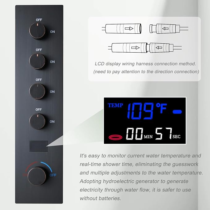 Oil Rubbed Bronze Shower System Temperature Display Shower Set | 12 inch and 8 inch Full Body Shower Head, with 6 PCS Body Jet and Handheld Spray