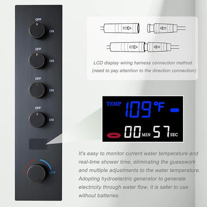 Oil Rubbed Bronze Shower System Temperature Display Shower Set | 12 inch and 8 inch Full Body Shower Head, with 6 PCS Body Jet and Handheld Spray