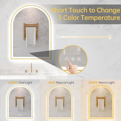 24"x32" Arched LED Lighted Bathroom Mirror with Lights | Gold Aluminum Frame, Fogless, Dimmable, Shatterproof, Touch Sensor, 3 Color Changing