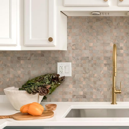Yipscazo Peel and Stick Backsplash Tile, Stick on Stainless Steel Look Backsplash Metal Tiles for Kitchen Walls in Beige Stone Mixed Metal (12''x12'',10 Sheets)