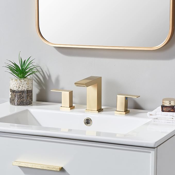Brushed Gold Bathroom Sink Faucet, 3 Hole Waterfall Bathroom Faucet, 2 Handle Vanity Bath Faucets, Modern Bathroom Faucet with Supply Hoses and Drain, HT-BF301