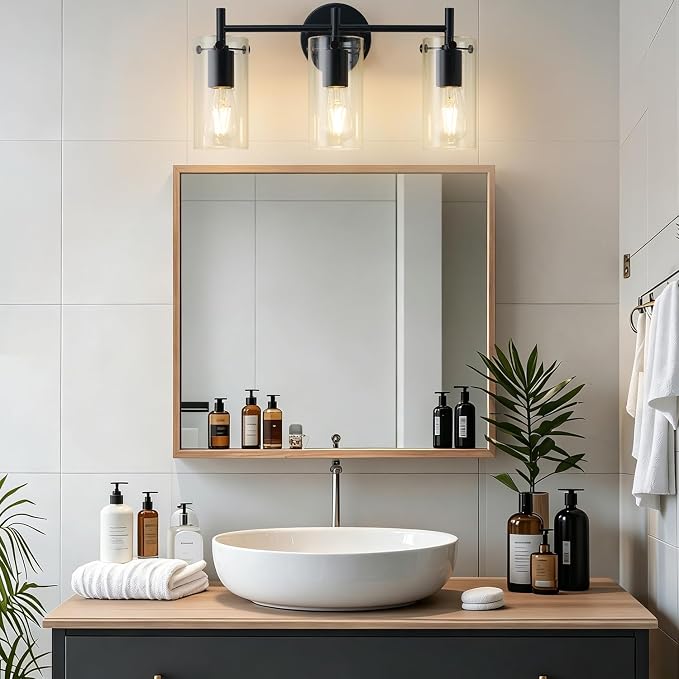 Indoi Bathroom Light Fixtures, 3-Light Matte Black Vanity Light, Black Bathroom Lights Over Mirror with Clear Glass Shade, Wall Sconces for Mirror Bedroom Living Room Hallway