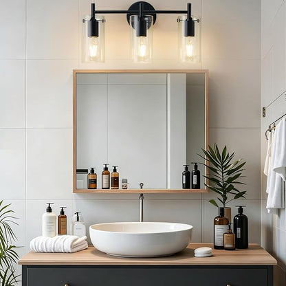 Indoi Bathroom Light Fixtures, 3-Light Matte Black Vanity Light, Black Bathroom Lights Over Mirror with Clear Glass Shade, Wall Sconces for Mirror Bedroom Living Room Hallway