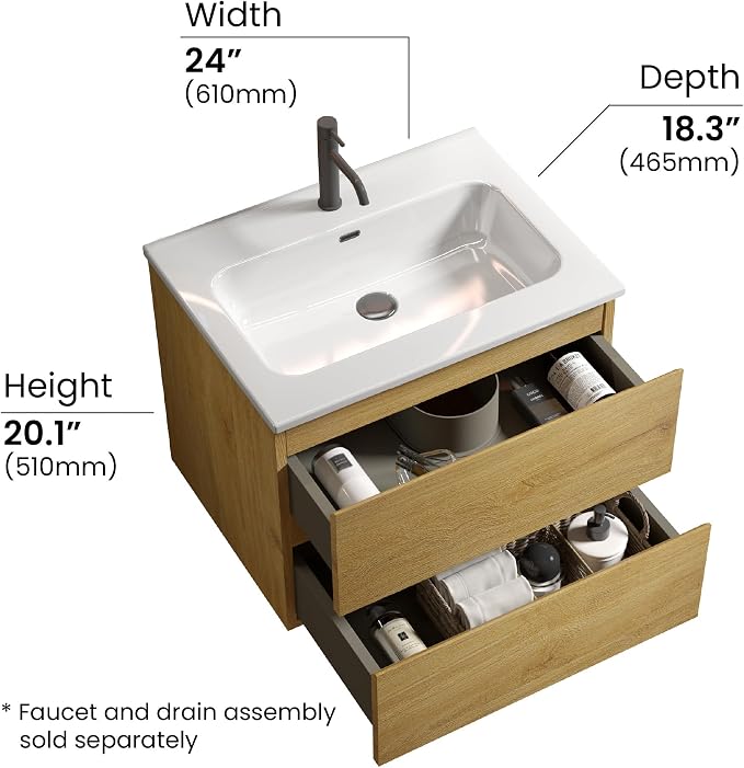 24" Bathroom Vanity with Sink, Modern Floating Vanity with Double Soft Closing Drawers, Large Storage for Small Space, Natural Oak, Fully Assembled - Iris Collection