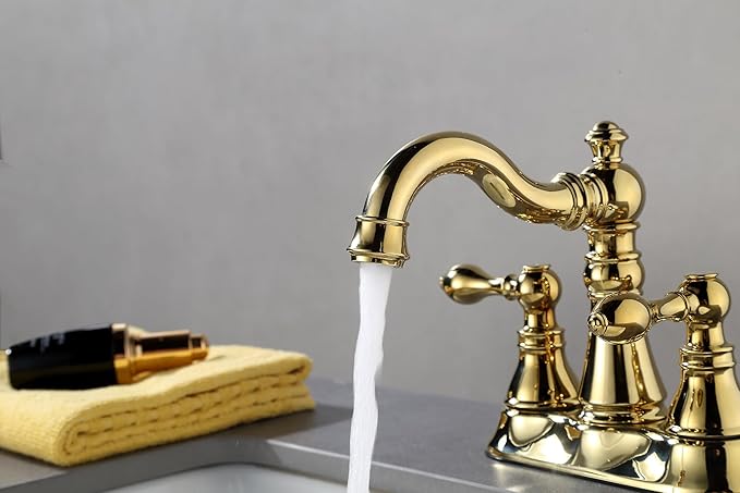 Two Handle Polished Brass Bathroom Faucet 3 Hole with Pop up Drain Assembly, Classic 4 Inch Centerset Lavatory Faucet with 360° Swivel Spout,F-0048-PB