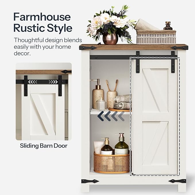 HOOBRO Bathroom Storage Cabinet, Farmhouse Cabinet with Sliding Barn Door, Adjustable Shelf and 4 Drawers, 11.8" D x 23.6" W x 31.9" H, Freestanding for Bathroom, Kitchen, White and Walnut