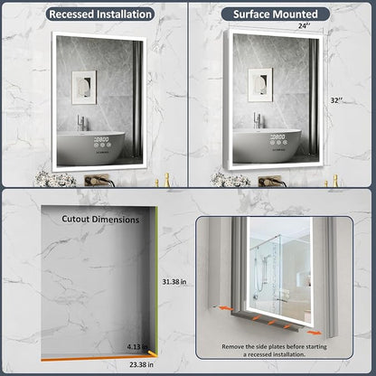 ACEMIRO 24"×32" Medicine Cabinet with Mirror and Lights, Surface or Recessed LED Bathroom Mirror Cabinet with Outlet & USB Ports, Defogger, Dimmer, Memory Function, Clock & Temp, Door Right Open