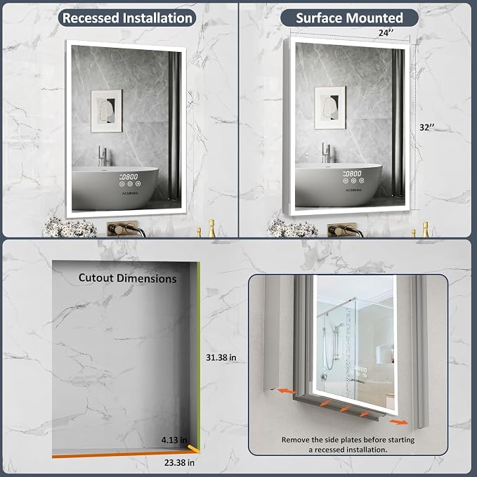 ACEMIRO 24"×32" Bathroom Medicine Cabinet with Mirror, Surface or Recessed Lighted Medicine Cabinet, 3-Color Dimmable Lights, Defogger, Bathroom Mirror with Outlet, Clock&Temp Display, Door Left Open